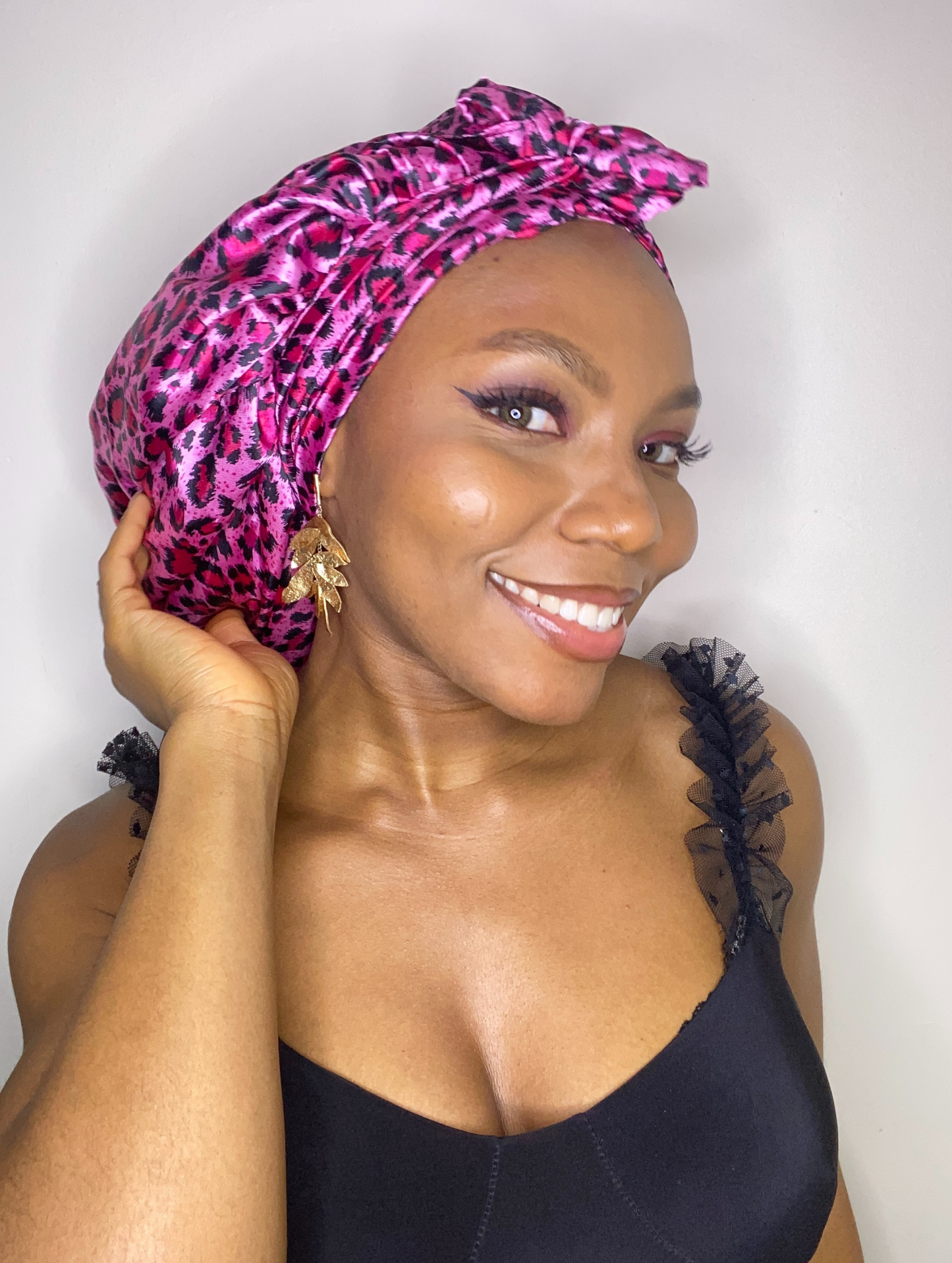 Small Pink Leopard Print Satin Headwrap Bonnet