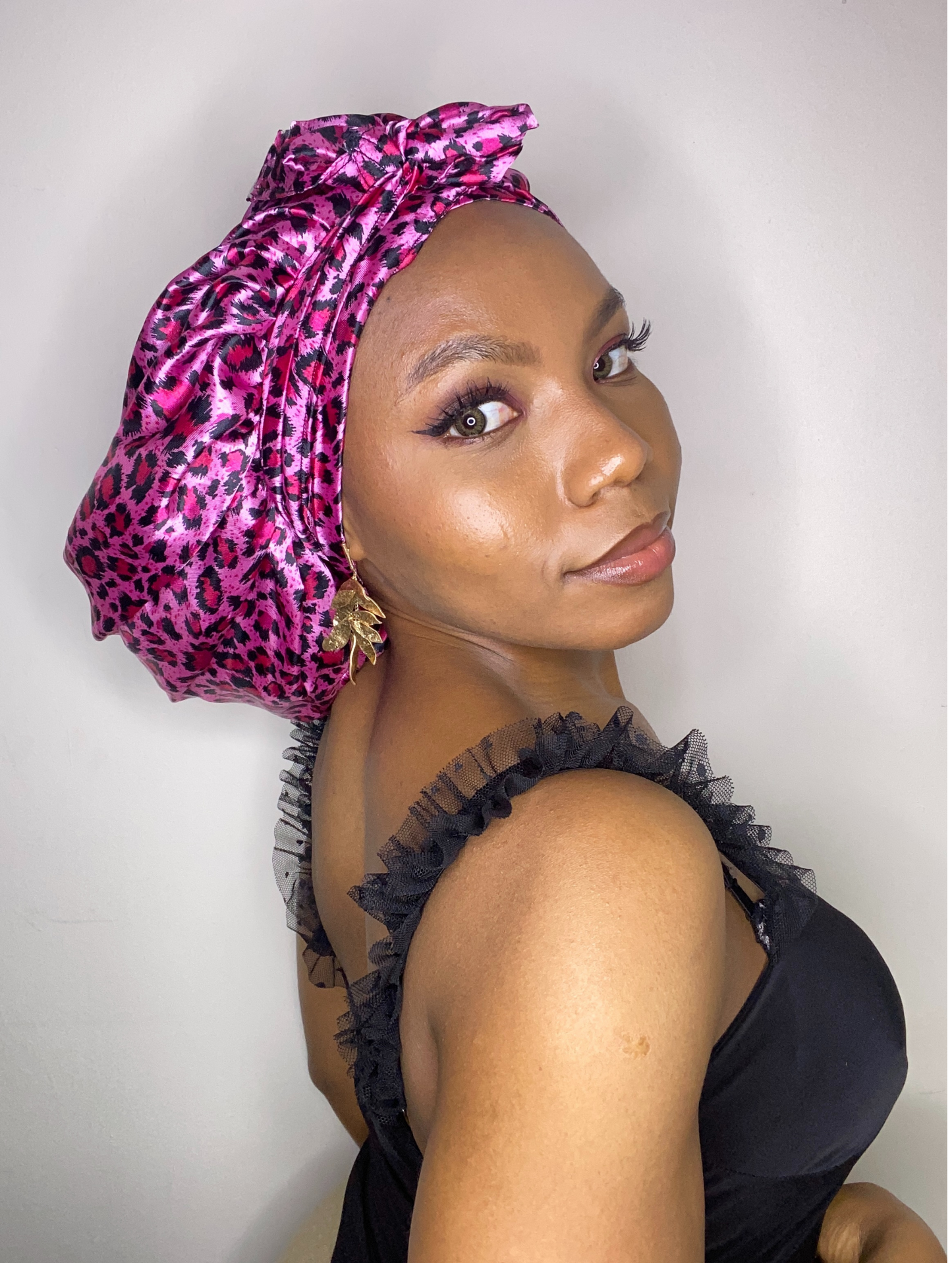 Small Pink Leopard Print Satin Headwrap Bonnet