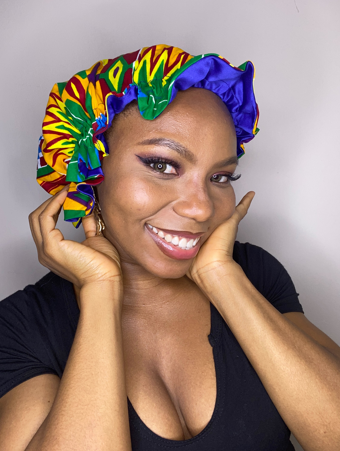 African Kente Print Satin Bonnet for Natural Hair/Braids