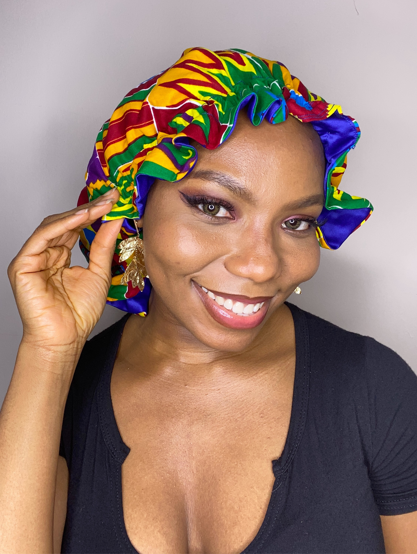 African Kente Print Satin Bonnet for Natural Hair/Braids