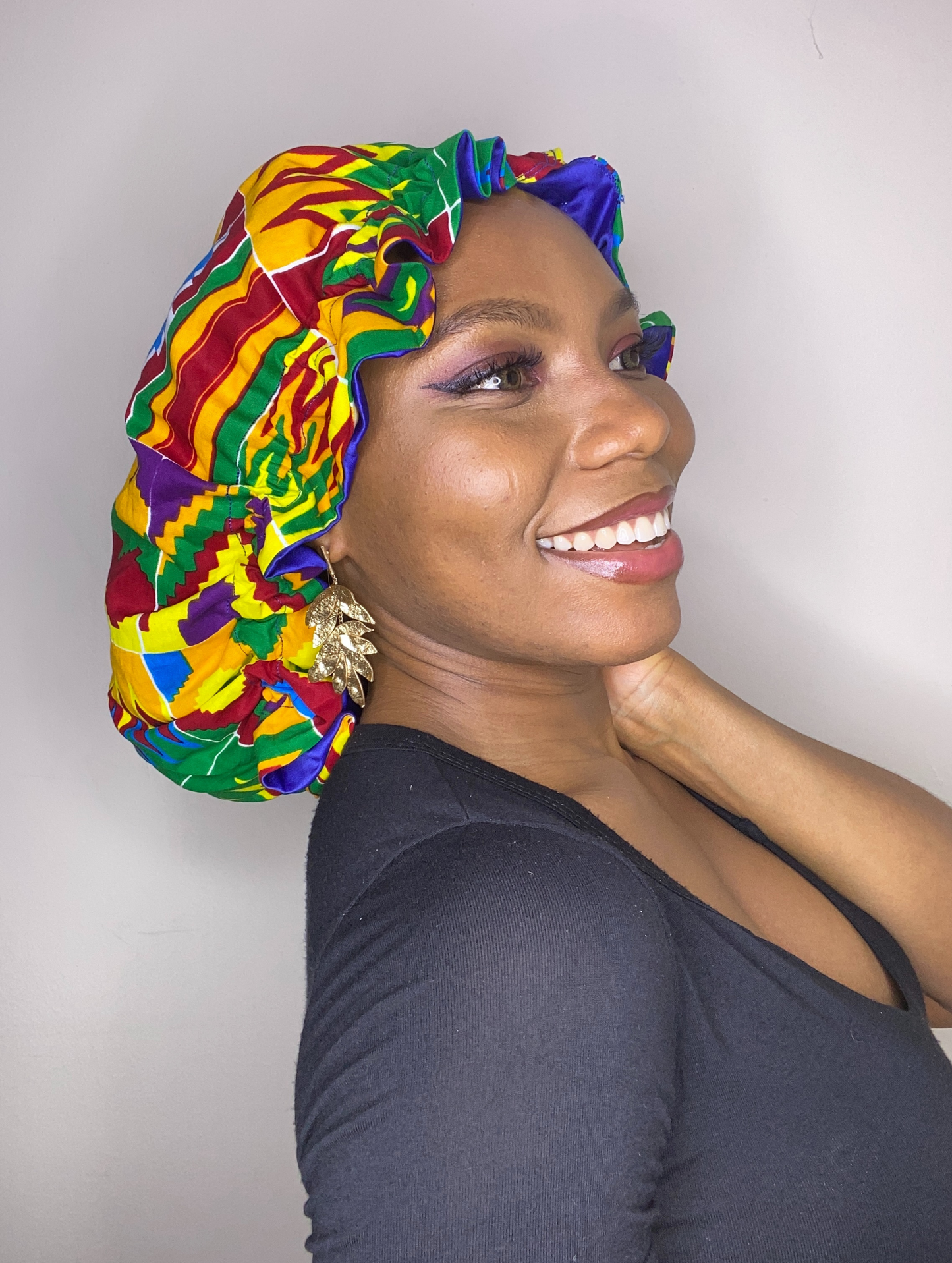 African Kente Print Satin Bonnet for Natural Hair/Braids