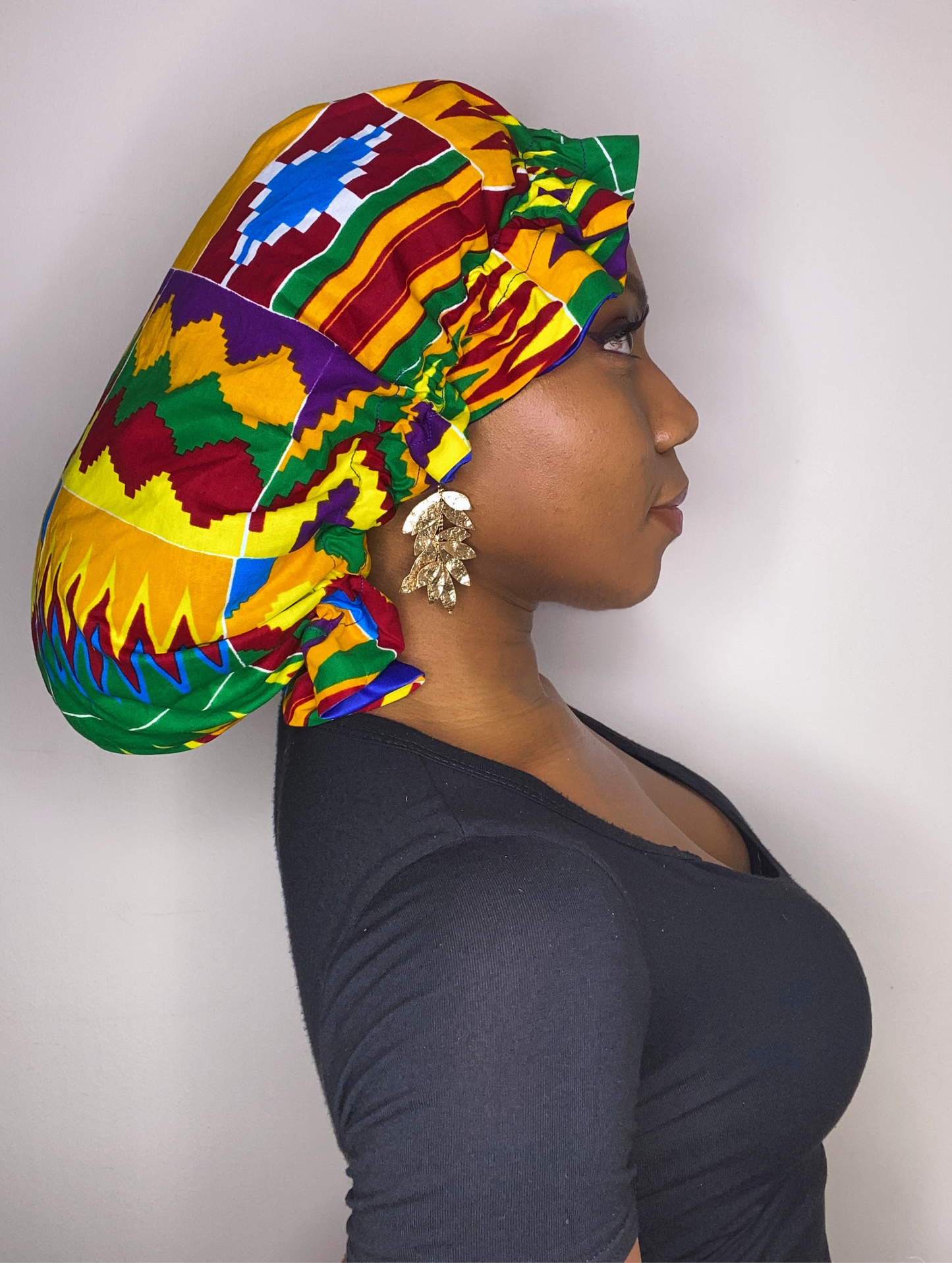 African Kente Print Satin Bonnet for Natural Hair/Braids