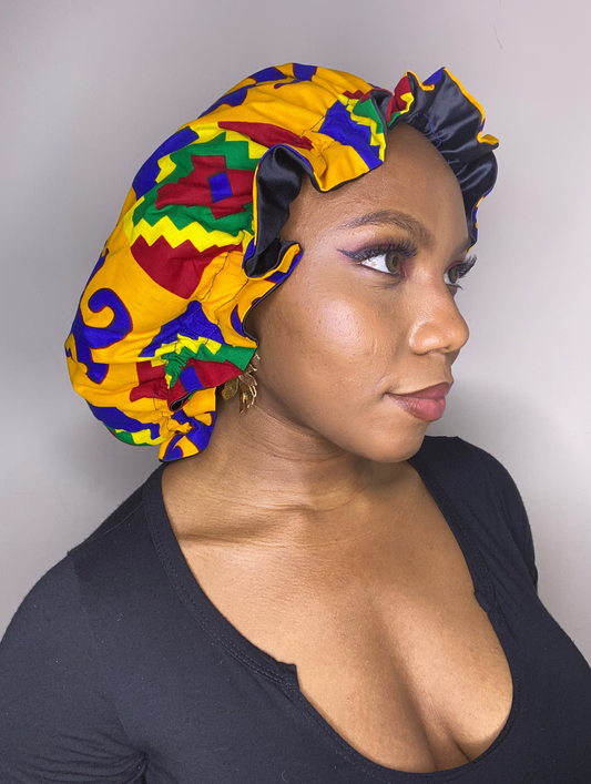 Ankara Kente African Print Satin Bonnet for Natural Hair/Braids
